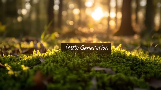 Wortschild 'Letzte Generation' in Mooslandschaft