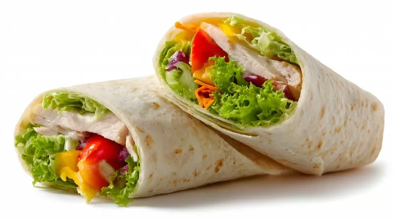 Wrap mit Gemüse und Hähnchen auf weißem Hintergrund