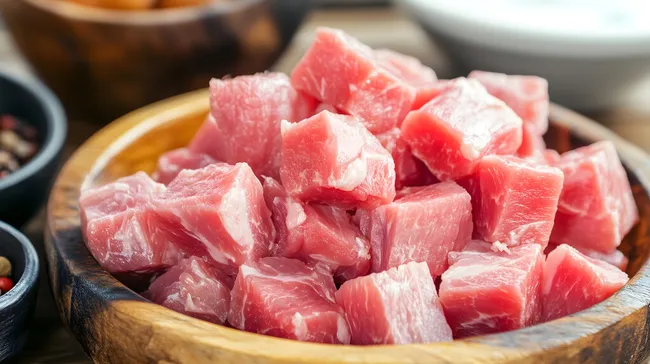 Würfel frischen Schweinefleisch in rustikaler Holzschale