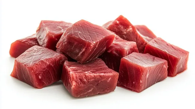 Würfelförmige Stücke von frischem Thunfischfleisch