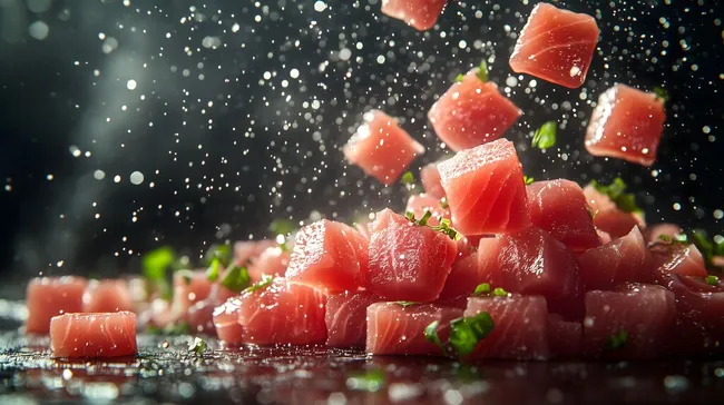 Würfelförmige Thunfischstücke mit Kräutern und Spritzern