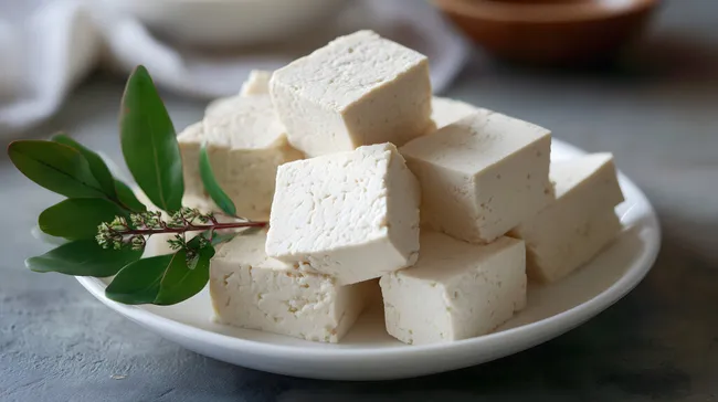 Würfelförmiger Tofu mit frischen Blättern auf Keramikplatte