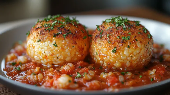 Würzig-aromatisches Arancini-Gericht auf Tomatensauce