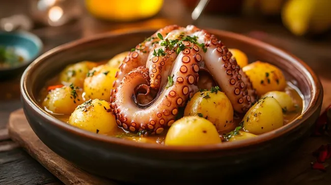 Würzig zubereiteter Oktopus mit Kartoffeln in rustikaler Schale