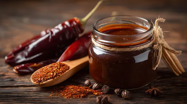 Würzige Chilisauce in Glasgefäß mit Gewürzen