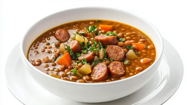 Würzige deutsche Linsensuppe mit Würstchen