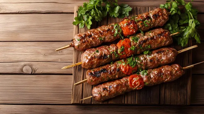 Würzige Fleischspieße mit gegrillten Tomaten