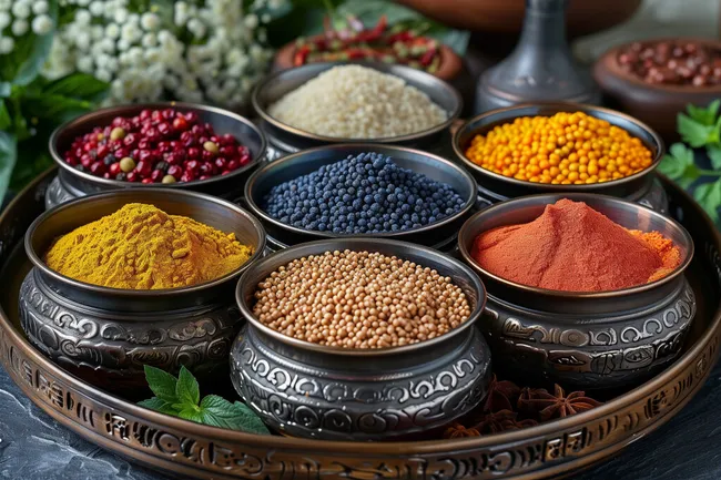 Würzige Gewürzmischung in dekorativen Schalen