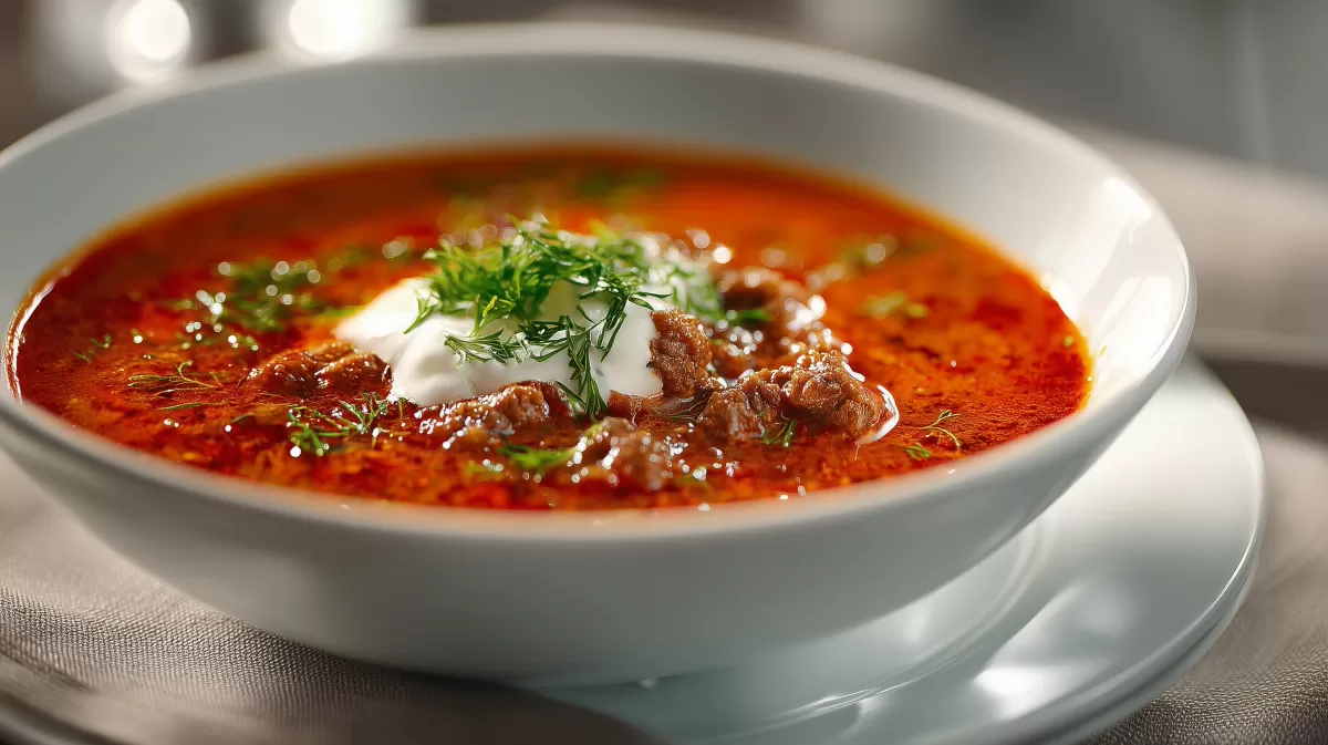 Würzige Hackfleischsuppe mit Ajvar und Sauerrahm