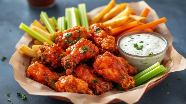 Würzige Hähnchenflügel mit Gemüse und Dip