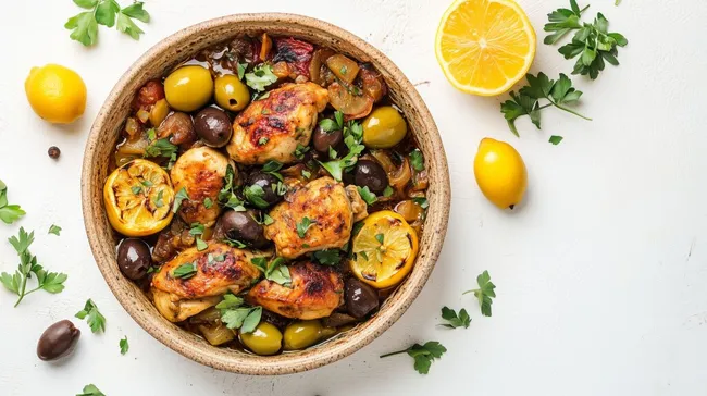 Würzige Hühnchenpfanne mit Oliven und Zitronen