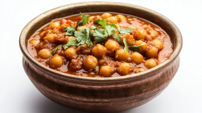 Würzige Kichererbsen-Tomaten-Eintopf in rustikaler Schüssel