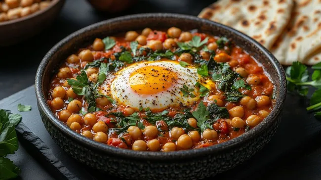 Würzige Shakshuka mit Spinat und gegrilltem Ei