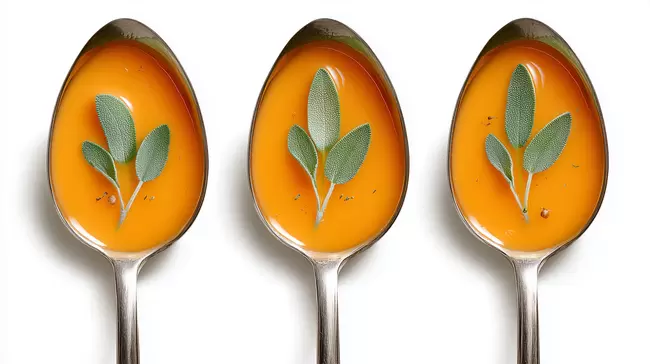 Würzige Suppe mit Kräutern in Löffeln