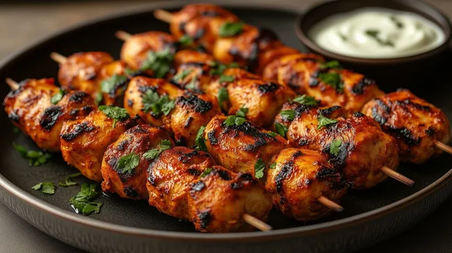 Würzige Tandoori-Hähnchenspiße mit Joghurt-Dip