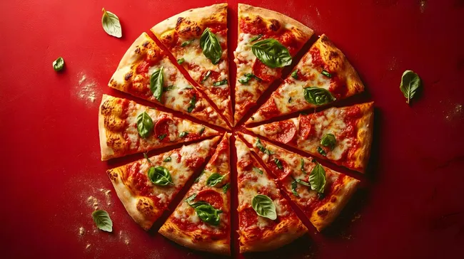 Würzige Tomatenpizza auf rotem Hintergrund