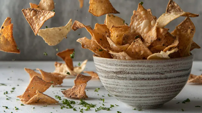 Würzige Tortilla-Chips in rustikaler Schüssel