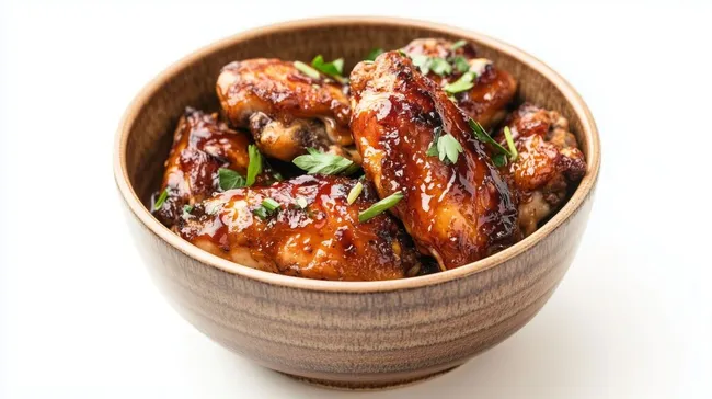 Würzige und karamellisierte Hähnchenkeulen in Holzschale