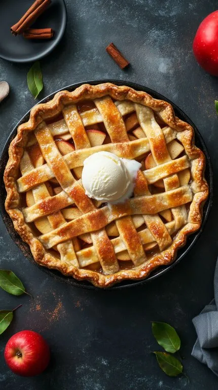 Würziger Apfelkuchen mit Vanilleeis auf rustikalem Untergrund