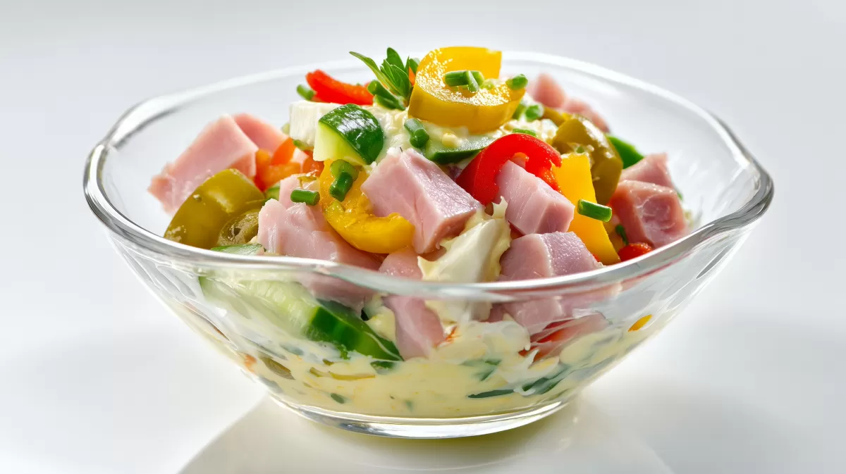 Würziger Backschinken Fleischsalat in Glasschüssel