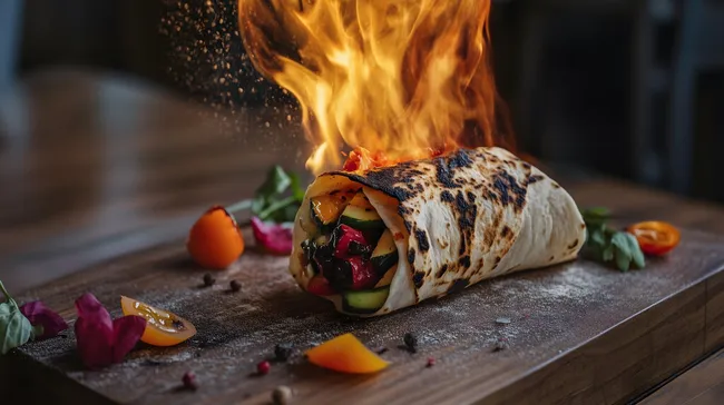 Würziger Burrito mit Gemüsefüllung auf Holzoberfläche