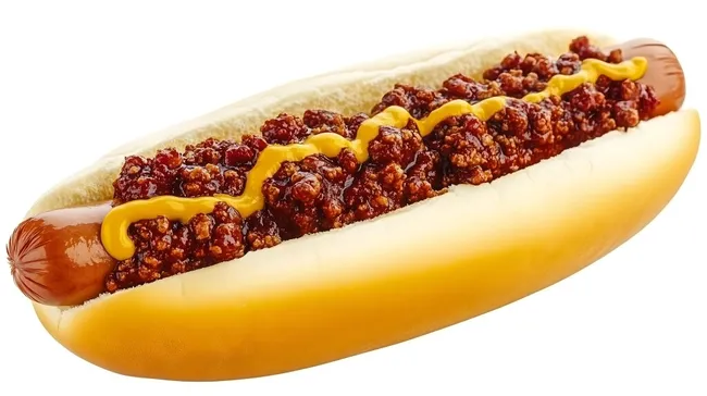 Würziger Chili-Hotdog mit Senf auf weißem Hintergrund