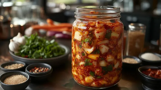 Würziger, fermentierter Kimchi-Salat in rustikaler Glasschüssel