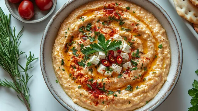 Würziger Feta-Joghurt-Dip in rustikaler Schale