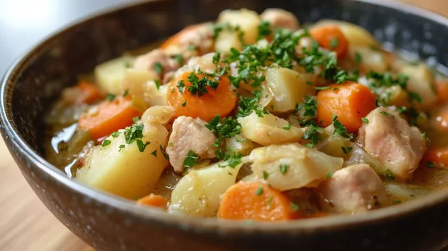 Würziger Gemüseeintopf mit zartem Schweinegeschnetzeltem