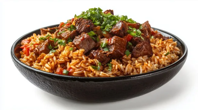 Würziger ghanaischer Waakye-Reis mit Fleisch