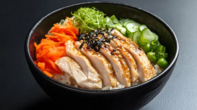 Würziger Hähnchen-Reis-Salat mit Gemüse und Sesam