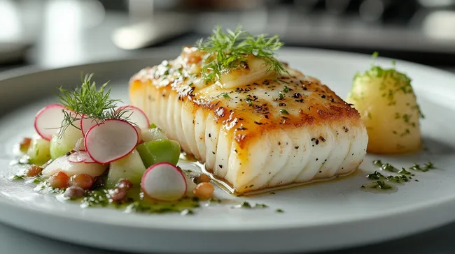 Würziger Kabeljau mit Gemüsebeilage auf Teller