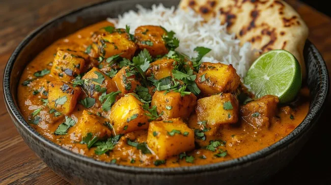 Würziger Kartoffel-Curry mit Reis und Naan-Brot