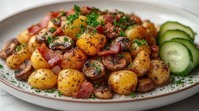 Würziger Kartoffelsalat mit Pilzen und Kräutern