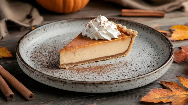 Würziger Kürbiskuchen mit Sahne auf rustikaler Platte