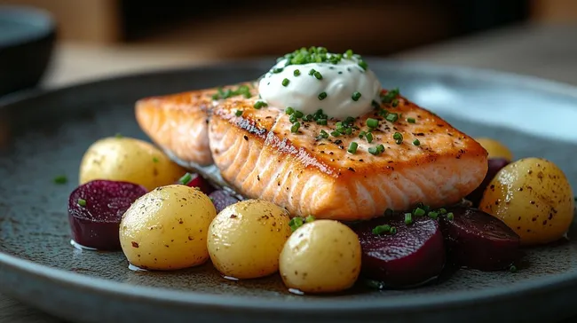 Würziger Lachs mit Kartoffeln und Rote Bete