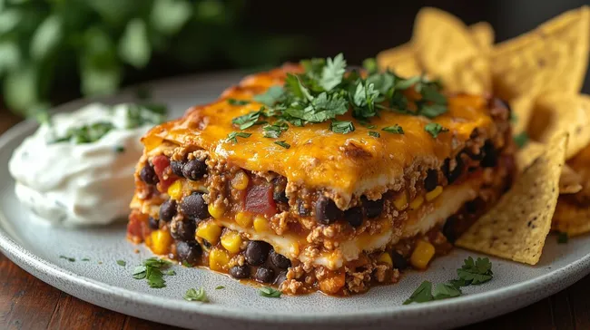 Würziger mexikanischer Rindfleisch-Auflauf mit Käse überbacken