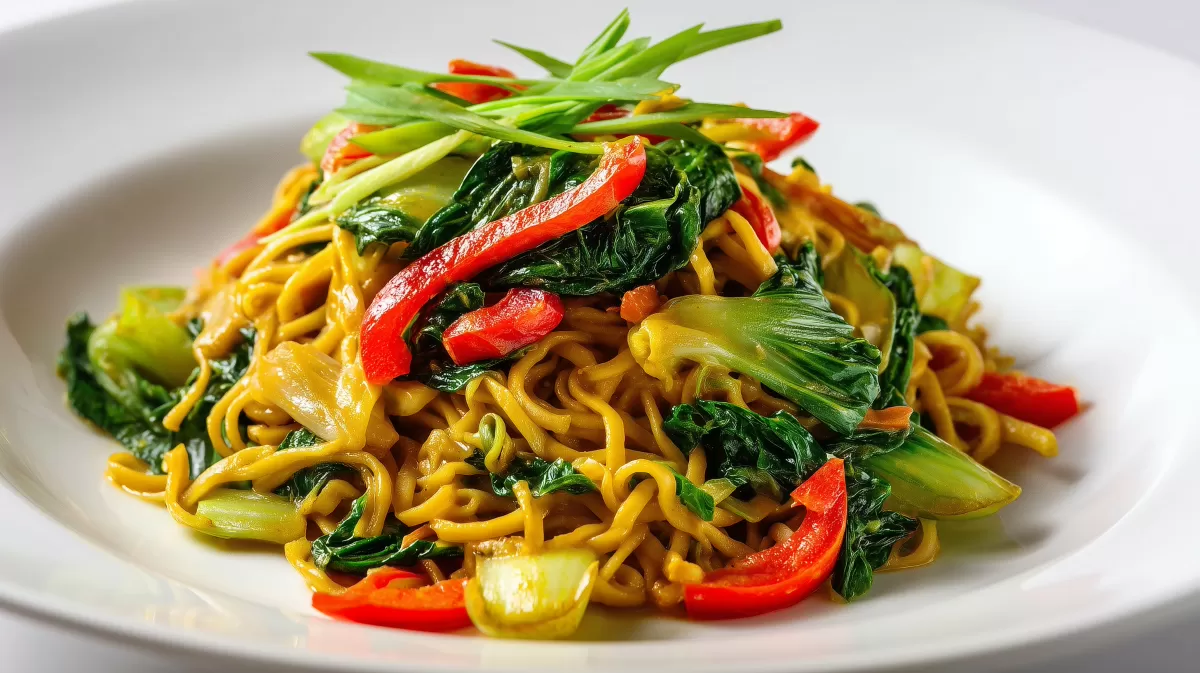 Würziger Pak Choi Wok mit Mie-Nudeln und Paprika