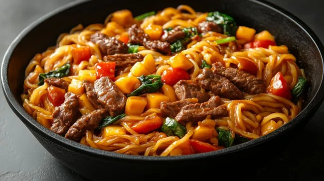 Würziger Rindernudel-Wok mit Gemüse