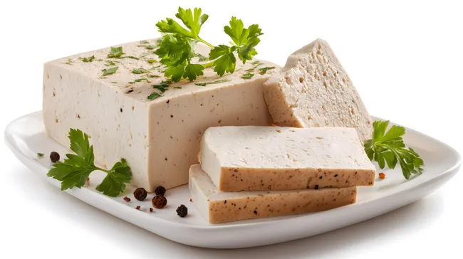 Würziger Tofu auf weißem Teller mit Kräutern