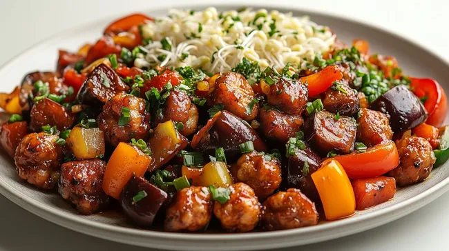 Würziger Tofu-Gemüse-Teller in kräftiger Sojasauce