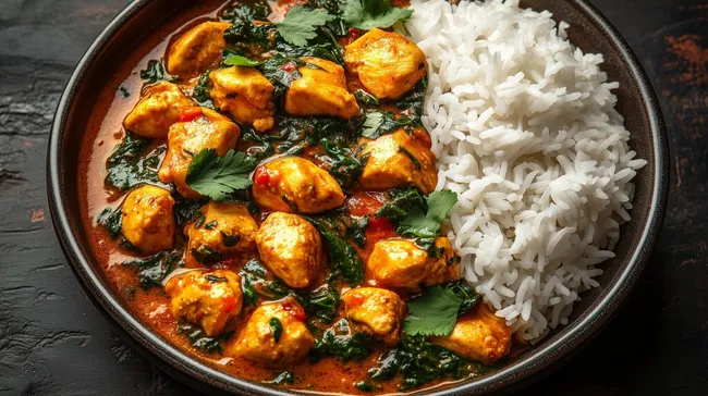 Würziges Chicken Saag mit Reis und Kräutern