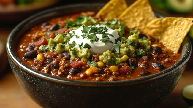 Würziges Chili con Carne mit Guacamole und Tortillachips