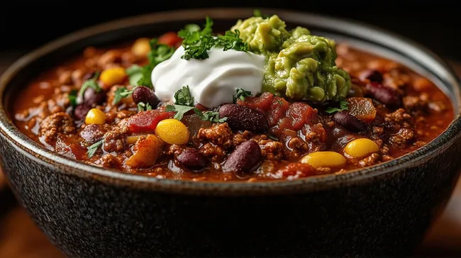 Würziges Chili con Carne mit Sauerrahm und Guacamole