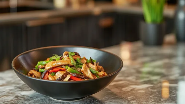 Würziges Gemüse-Pilz-Gericht in moderner Schüssel