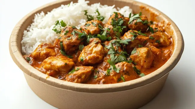 Würziges Hähnchen-Curry mit Reis in nachhaltiger Schale