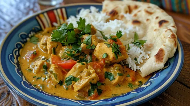 Würziges Hühnchen-Curry mit Basmatireis und Naan-Brot
