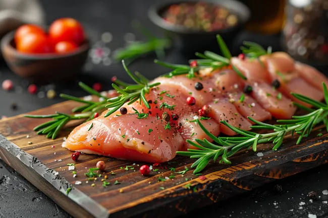 Würziges Hühnchenfleisch auf Holzbrett