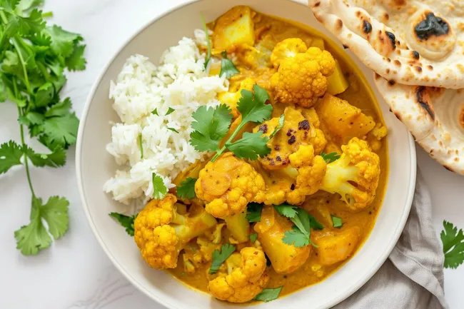 Würziges indisches Blumenkohlcurry mit Reis und Fladenbrot