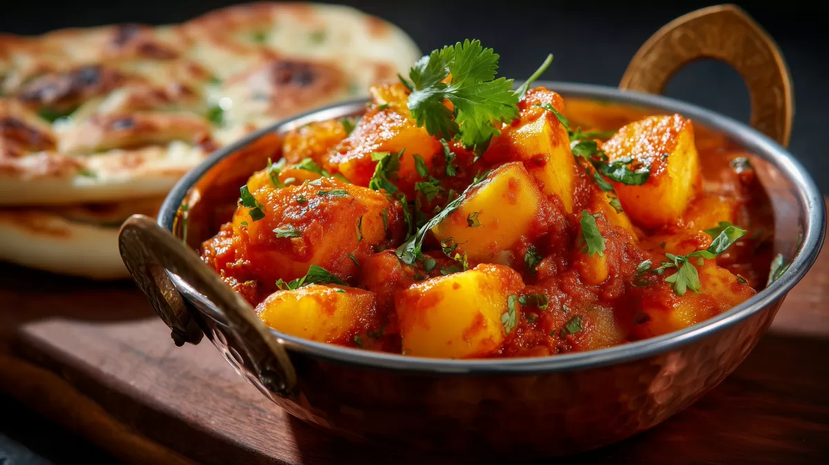 Würziges Kartoffelcurry in Kupferschale mit Naan